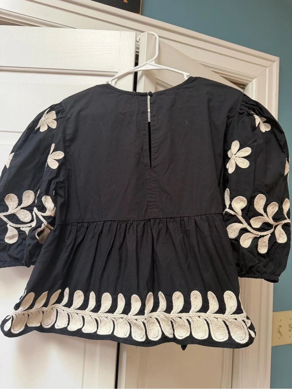 Anthropologie Black Top with Cream Floral Embroidery
